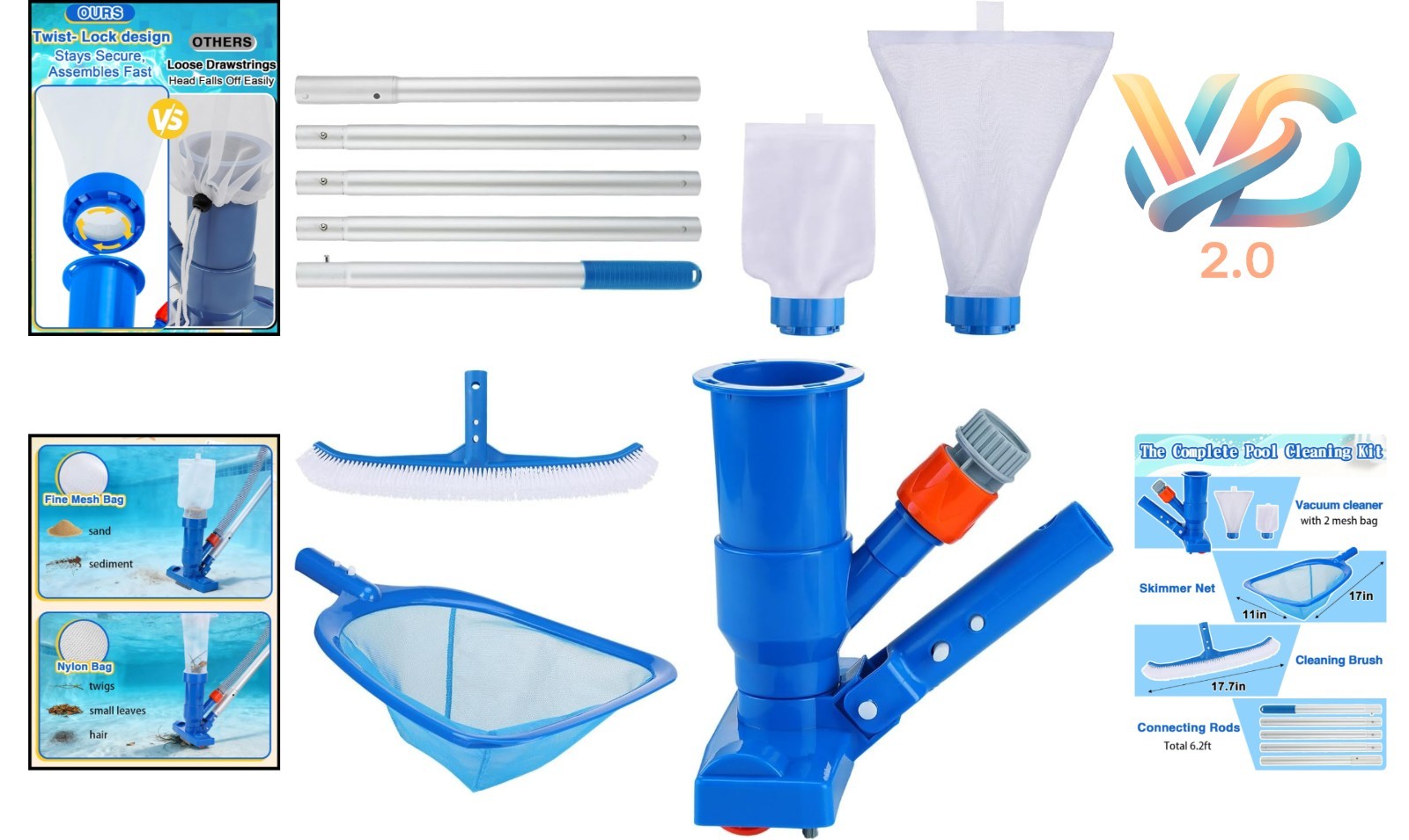 3-in-1 Pool Cleaning Kit with Vacuum Brush Skimmer & Extendable Pole