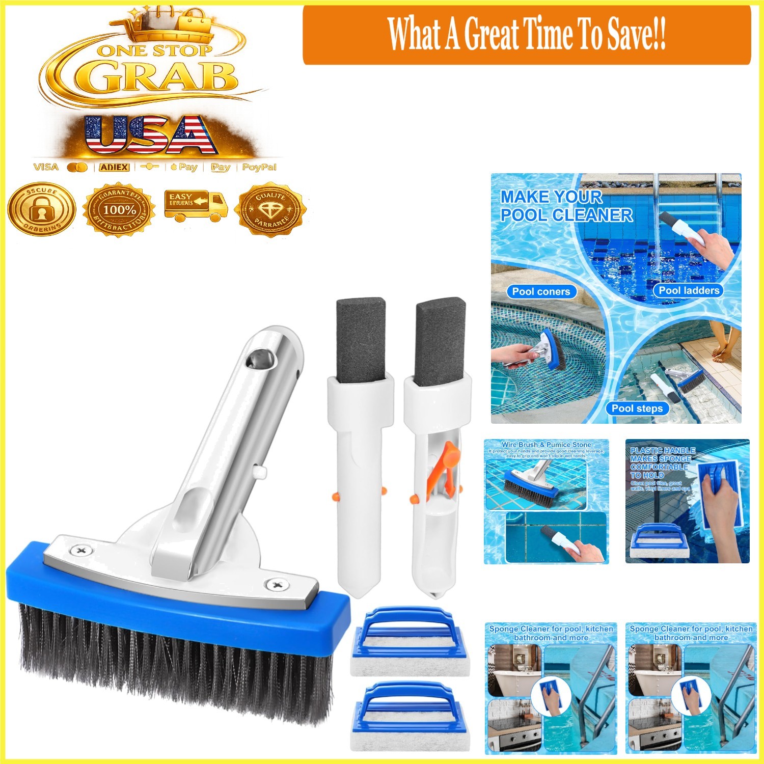 5-Piece Pool Cleaning Kit with Stainless Steel Brush, Pumice Stones, Scrub Br…