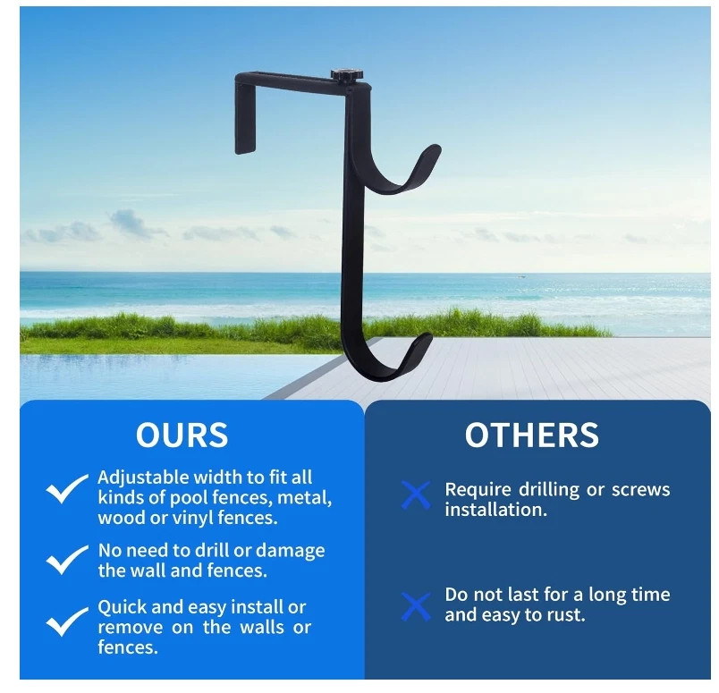 2Pcs Black Pool Pole Hangers, Adjustable Heavy Duty Swimming Pool Fence Hooks