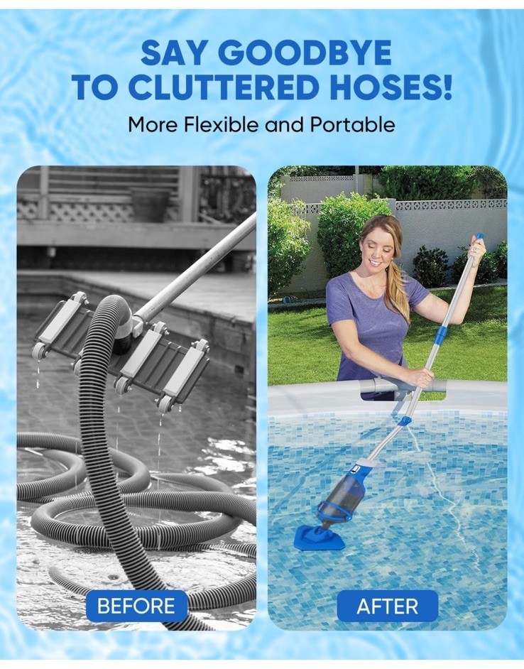 Cordless Pool Vacuum with Telescopic Pole, 18.5 GPM Powerful Suction, 1.5H Super