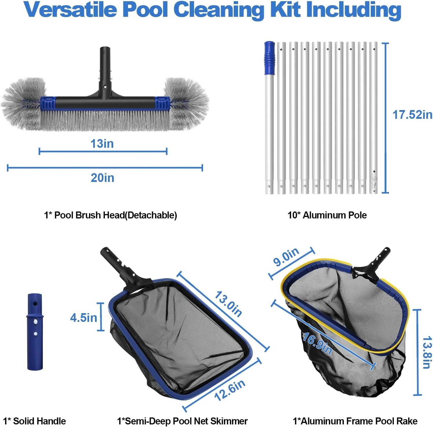 Poolvio 5-in-1 Pool Cleaning Kit – Includes Semi-Deep Skimmer Net, Aluminum Leaf
