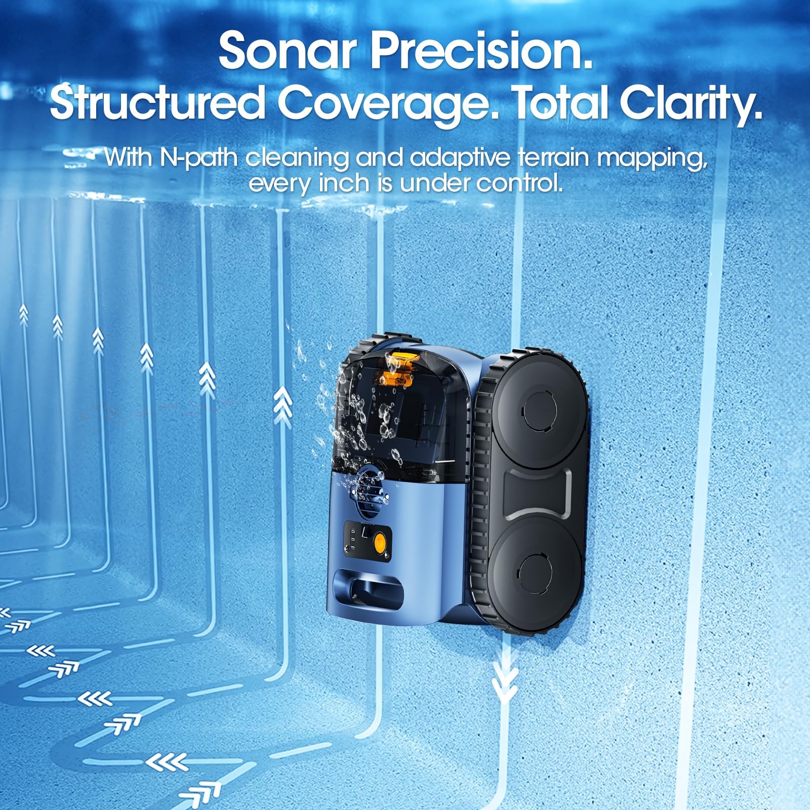 Cordless Robotic Pool Vacuum with Sonar Navigation & Track Drive, Navy Blue