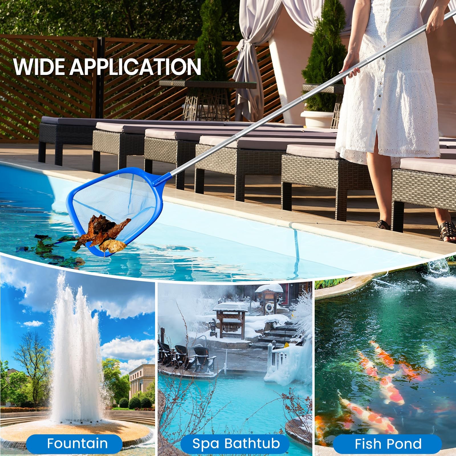 Pool Skimmer Net, Deep Pool Leaf Net with Reinforced Frame, Large Capacity Rake