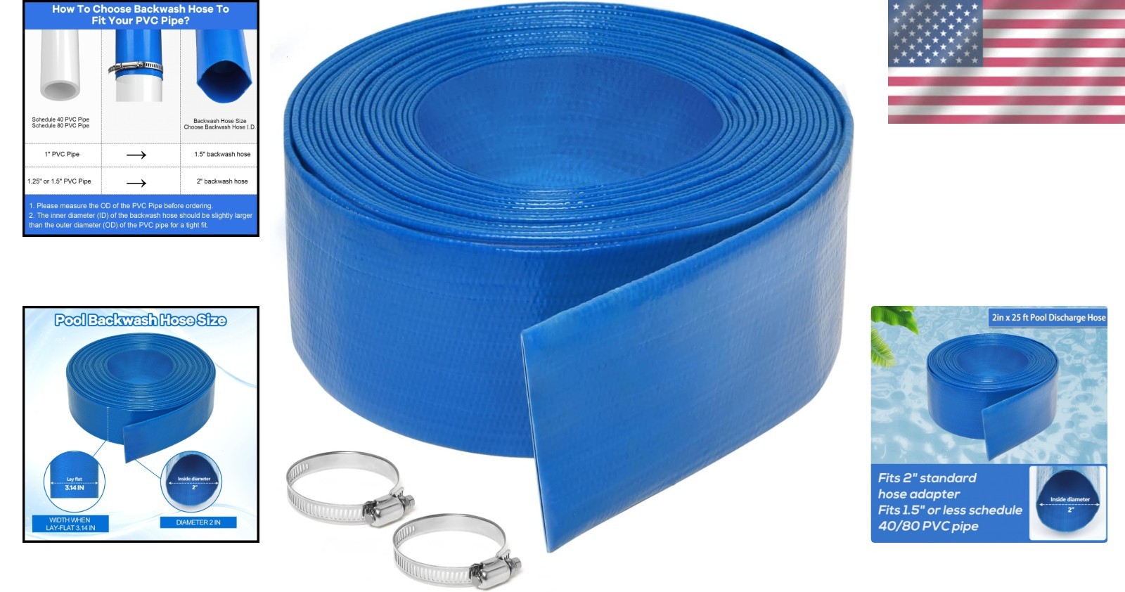 2 Inch by 25 Foot PVC Swimming Pool Discharge Hose with Stainless Steel Clamp