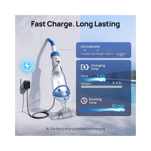 Consciot Cordless Pool Vacuum Cleaner Telescopic Pole 1100 GPH 60 Min Runtime