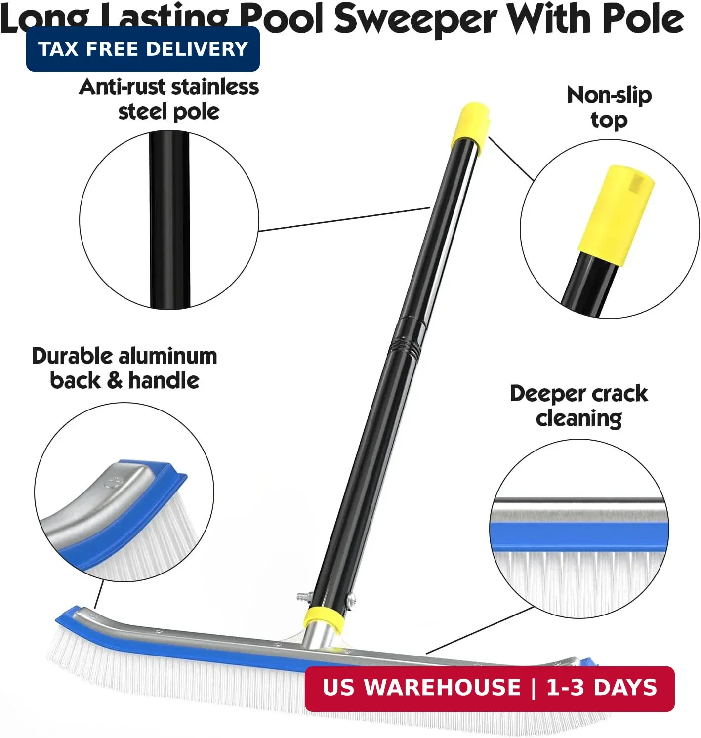 Pool Brush with Pole, 18 inch Wide Nylon Bristles Brush with 4FT Heavy Duty Swim