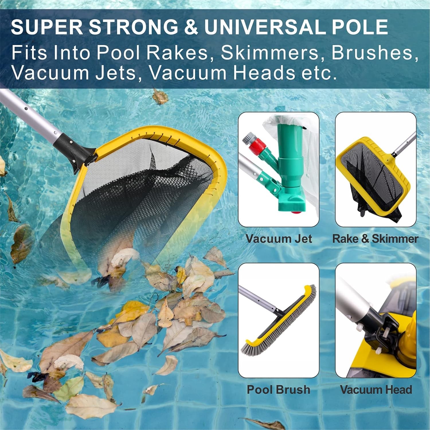 Pool Pole 16ft Heavy Duty, Detachable Swimming Pool Pole with User-Friendly Doub