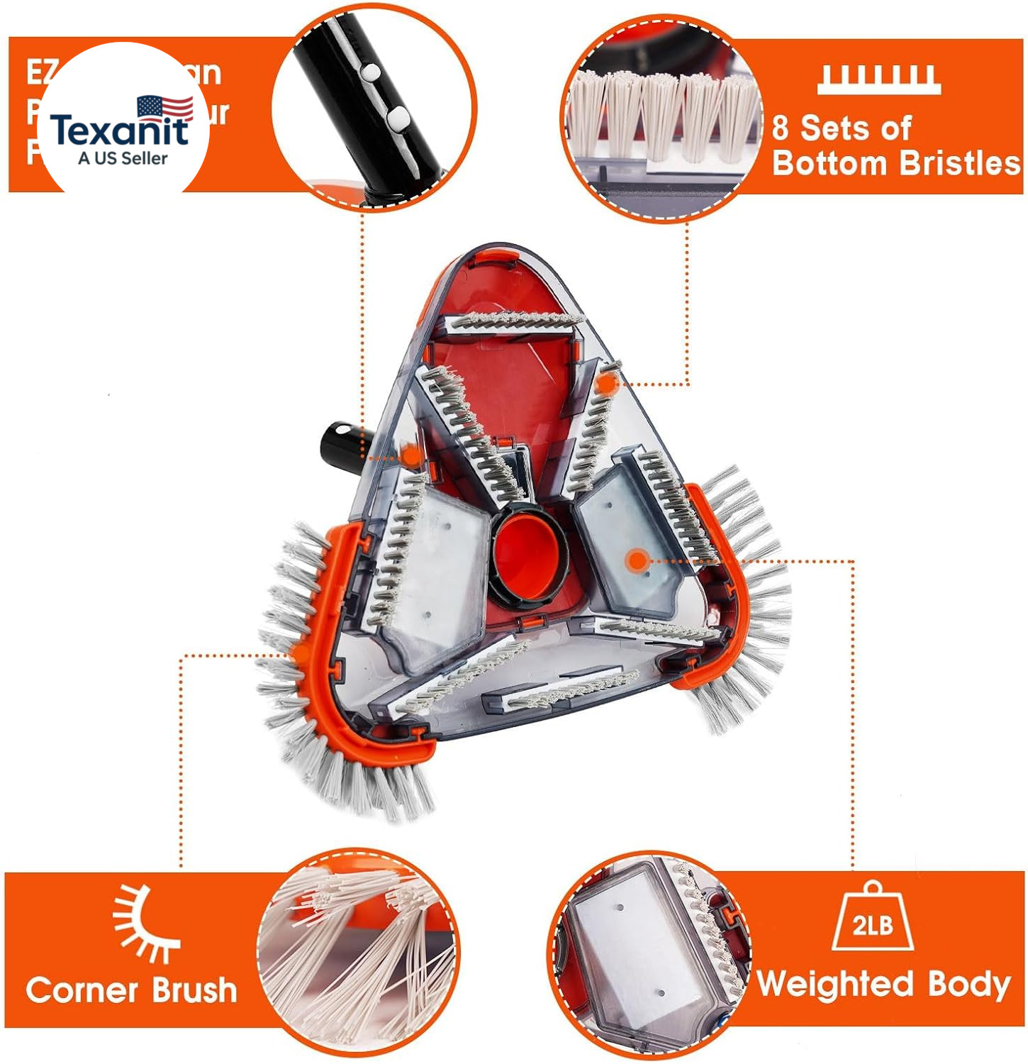 Pool Vacuum Head with Side Brush,Universal Steering Handle & Universal Rotatable