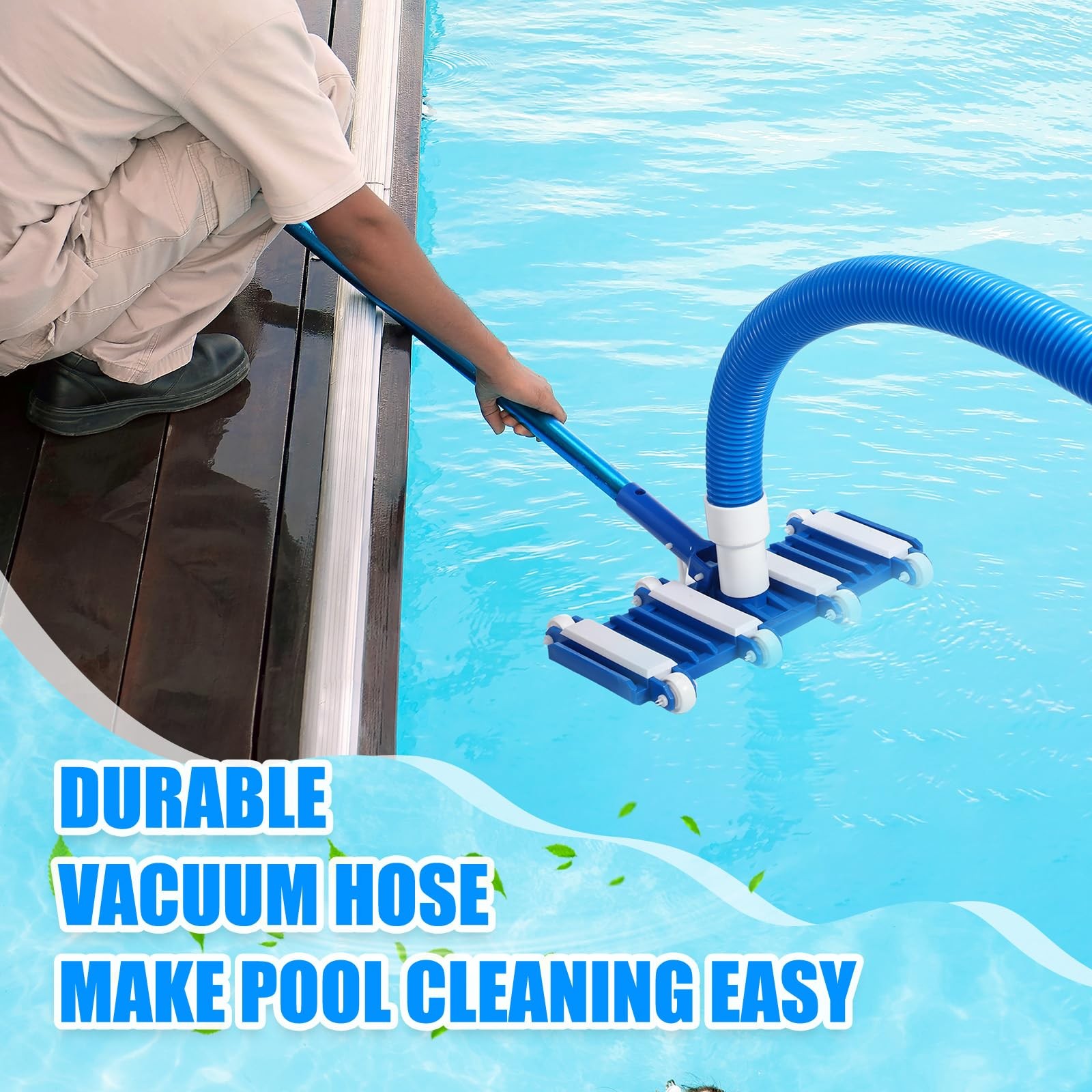 Pool Vacuum Kit with 14&Prime; Head, Flexible Wheels & 18 FT Hoses for Cleaning