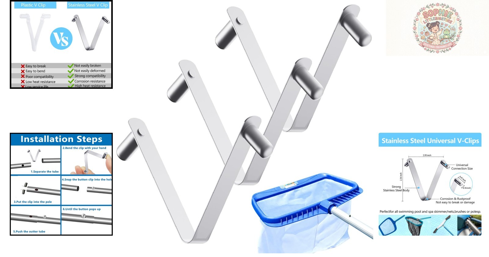 Universal 3 Pack Butterfly V-Clips for Pool Accessories – Silver Stainless Steel