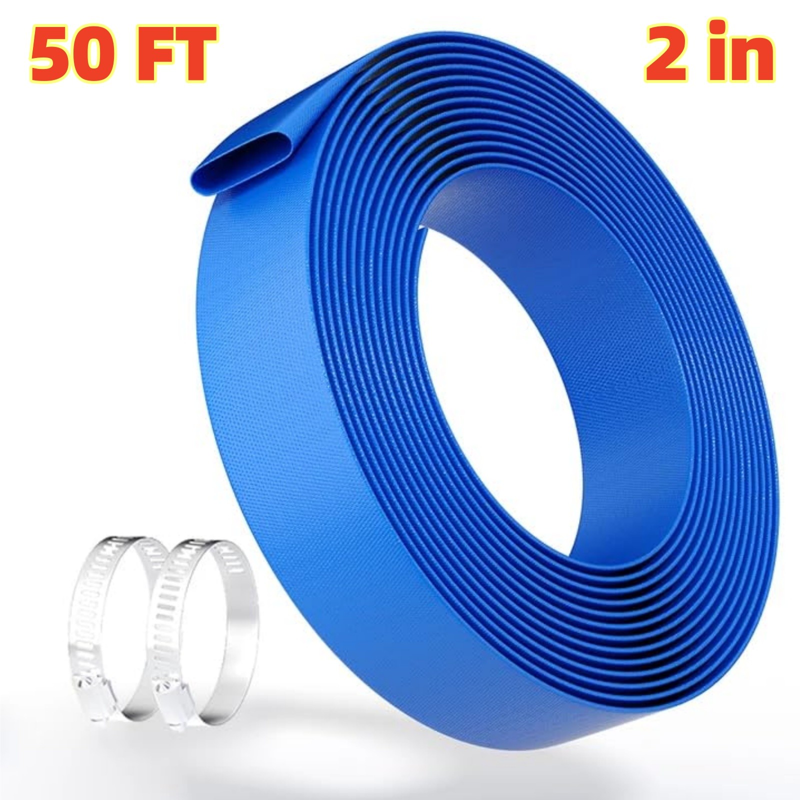 Discharge Hose Lay Flat Hose 2 inch x 50 Feet PVC Backwash Drain Hose w/ Clamp