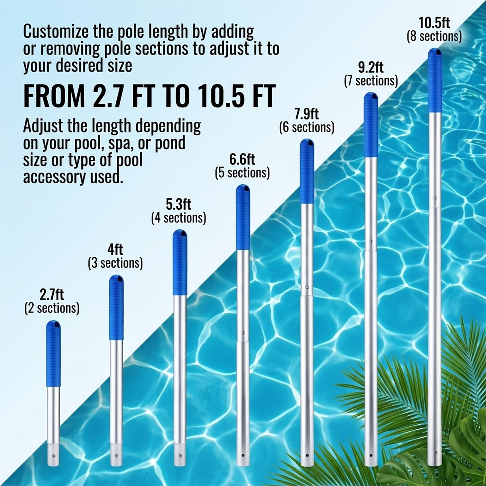 Telescopic 10ft Aluminum Pool Pole for Skimmer, Brush, Vacuum Head Cleaning