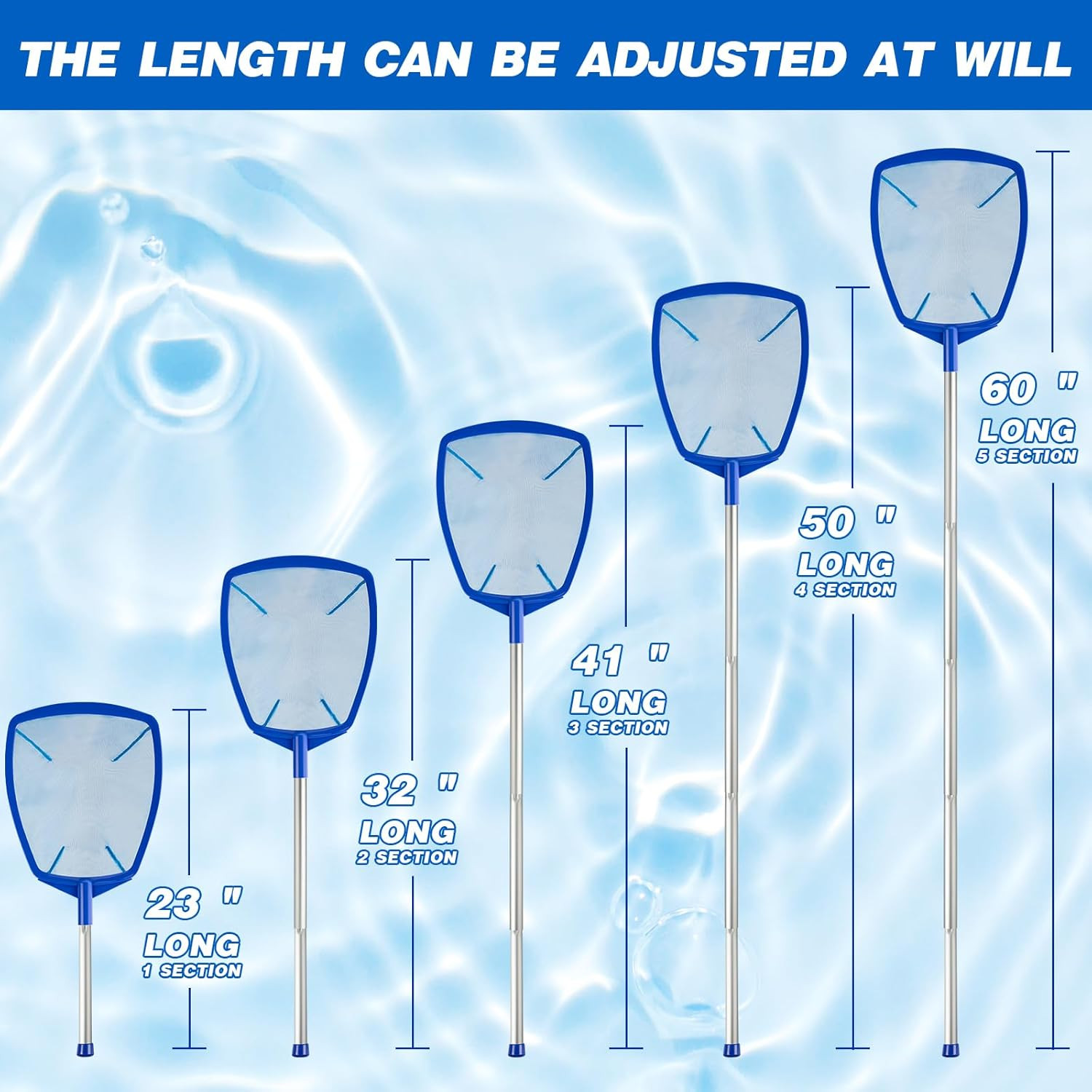 Pool Net – Pool Skimmer Net with 5 Section Adjustable Telescopic Aluminum Pole，2