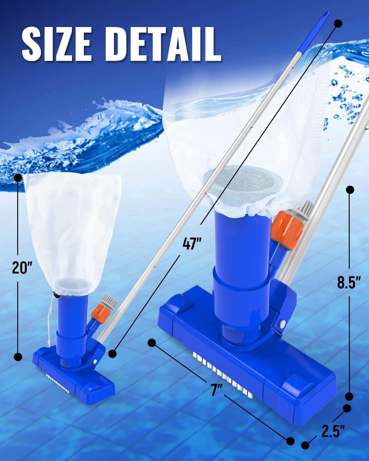 Portable Pool Vacuum Cleaner for Above/Inground Pools, 3 Scrub Brushes & Mesh Ne