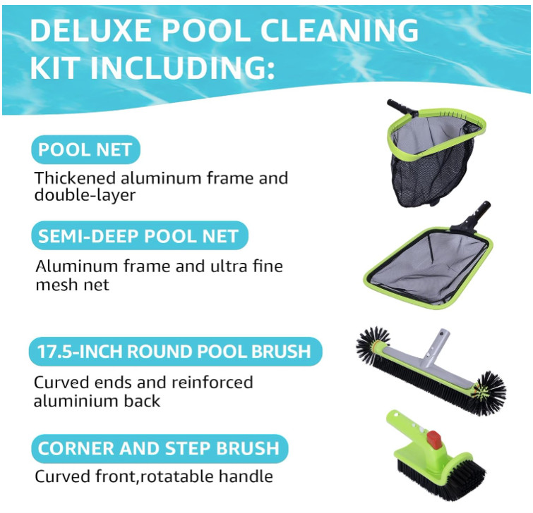 Swimming Pool Cleaning Kit w/ Skimmer, Mesh Net, 17.5&Prime; Brush & Scrub (No Pole)