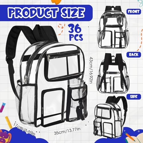 Pcs Heavy Duty Clear Backpack Bulk, PVC Transparent Bookbag 17 Inch 36 Black