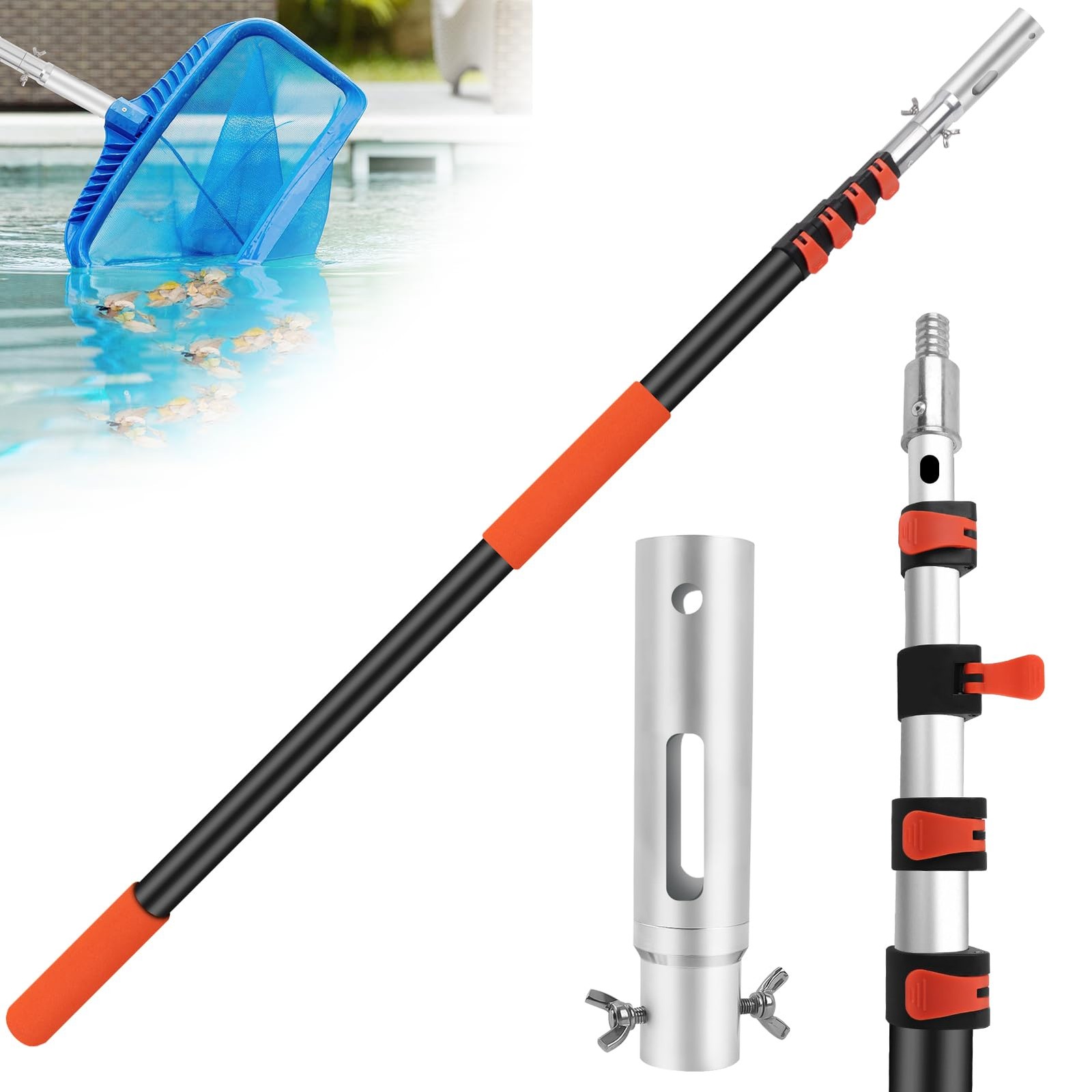 Extendable 12FT Pool Cleaning Pole, Heavy Duty Aluminum with 4 Baffle Locks