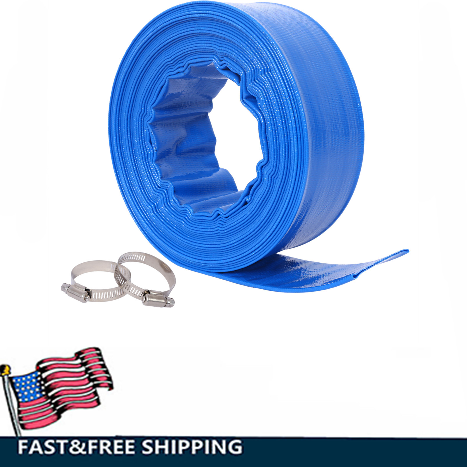 Discharge Hose 1-1/2&Prime;x 100FT PVC Lay Flat Hose Backwash Drain Hose w/ 2 Clamps
