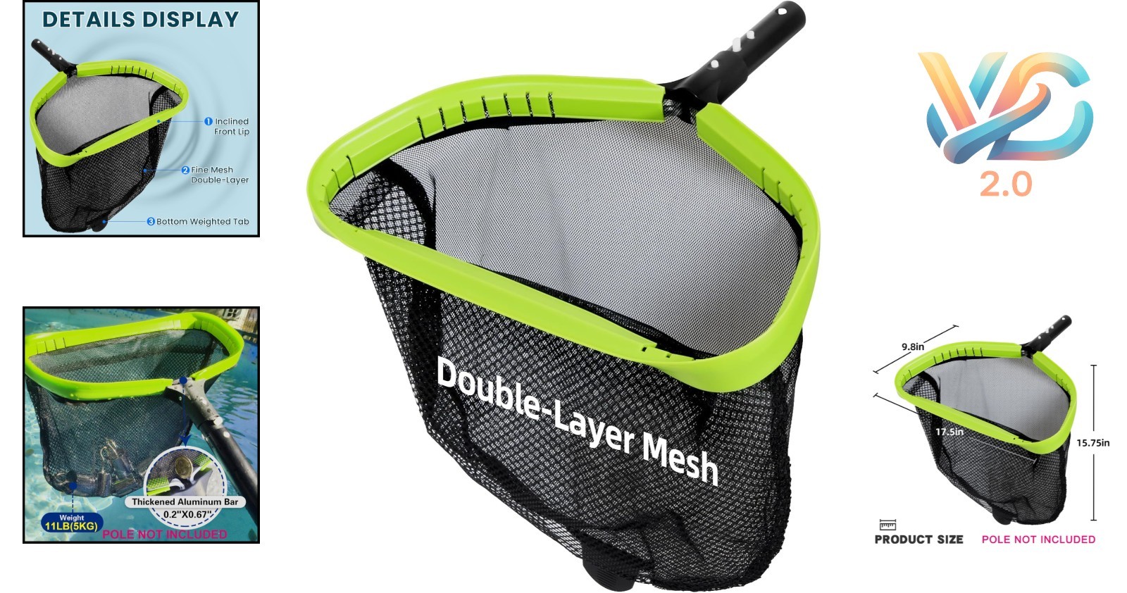Heavy Duty Aluminum Pool Skimmer Net Double Layer Mesh 17.5&Prime; Professional Lea…