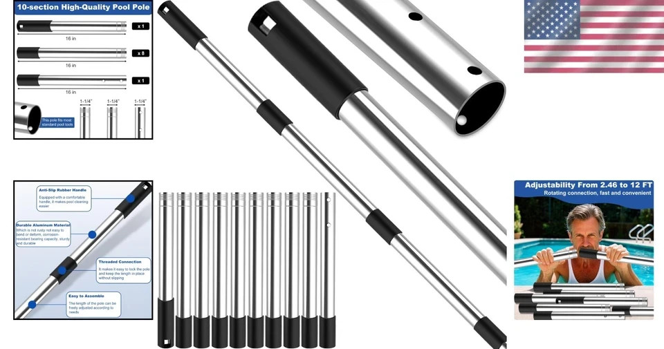 QNFANN Pool Pole Telescopic 12 Ft Heavy Duty, Professional Adjustable Stainle…