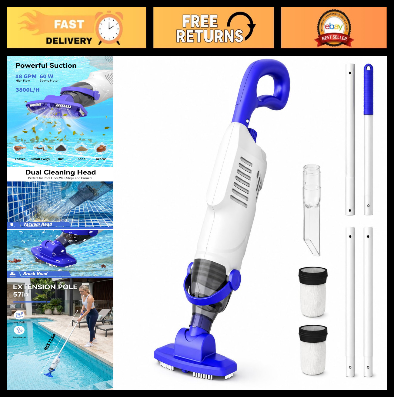 Upgraded Cordless Handheld Pool Vacuum – 3800L/H Suction, 5000mAh Battery, 3-Hea