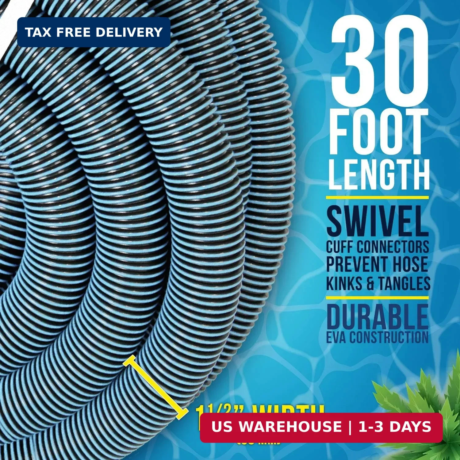 U.S. Pool Supply Pool Vacuum Hose – 1-1/2&Prime; x 30&prime; Professional Heavy Duty Pool Ho