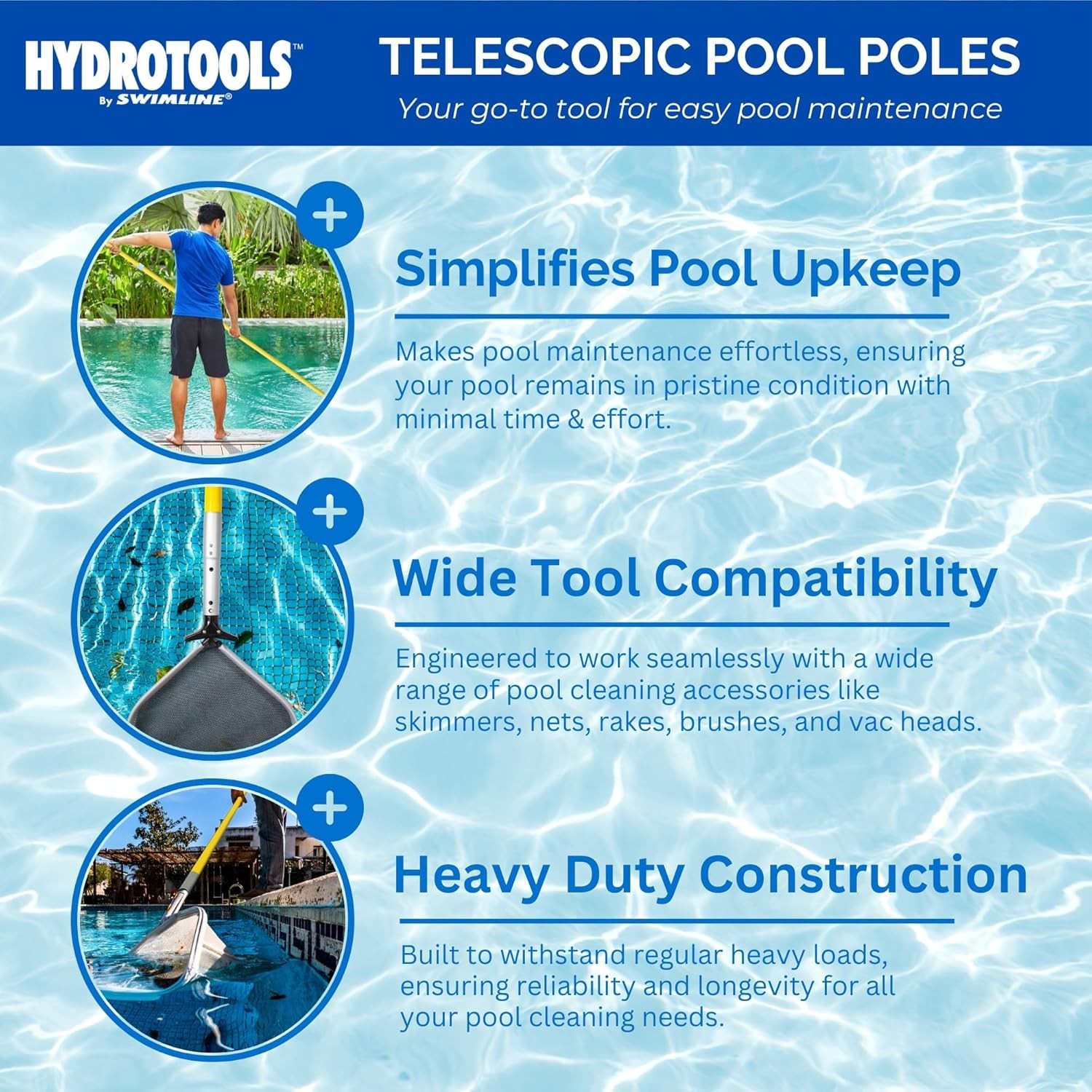 HydroTools Fiberglass Telescopic Pool Pole 8-16ft Adjustable for Skimming & C…