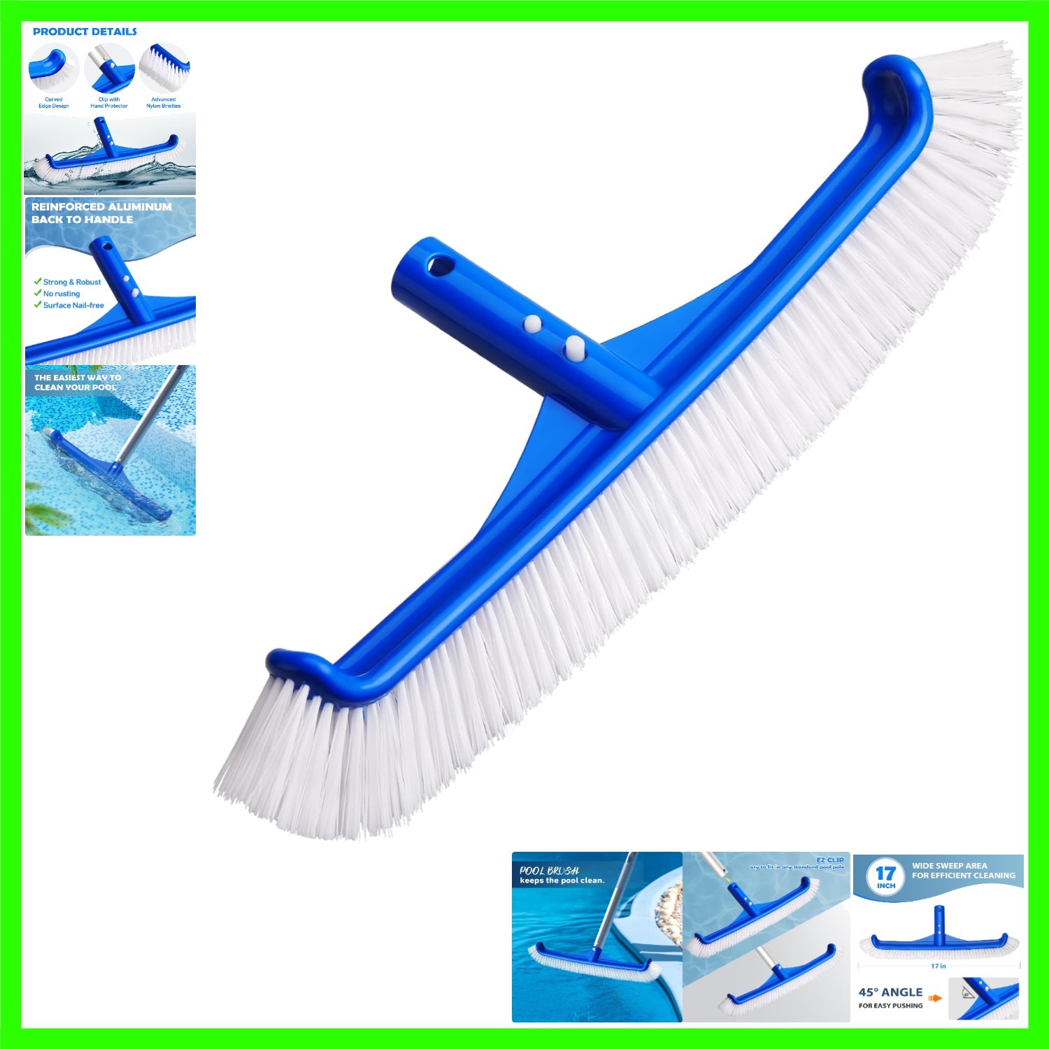 Pool Brush – 17&Prime; Pool Brush Head for Cleaning Pool Walls, Curved Ends High-Ef…
