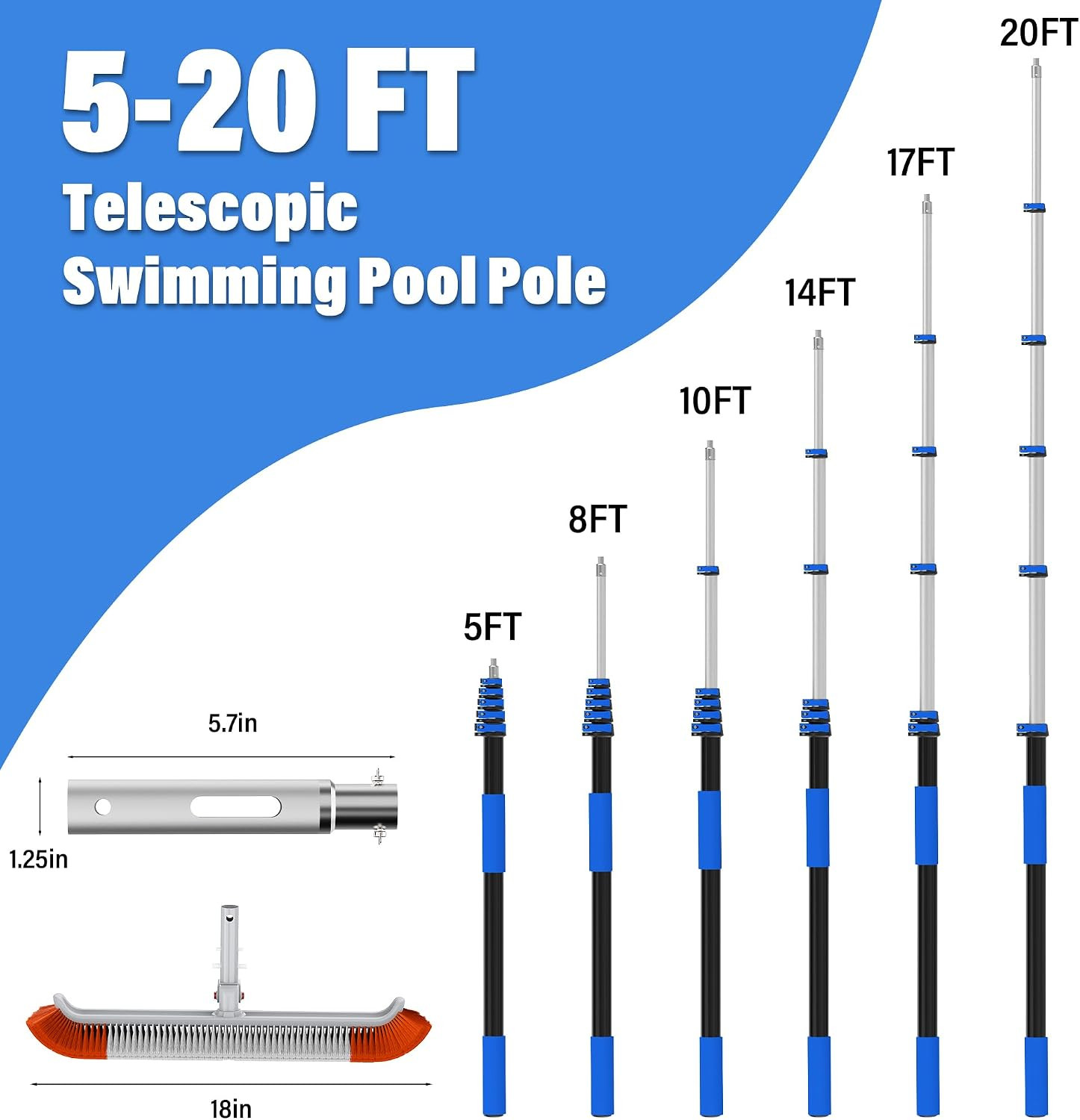 Telescopic Pool Brush with 18&Prime; Head & Adjustable 5-20FT Pole for Easy Cleaning