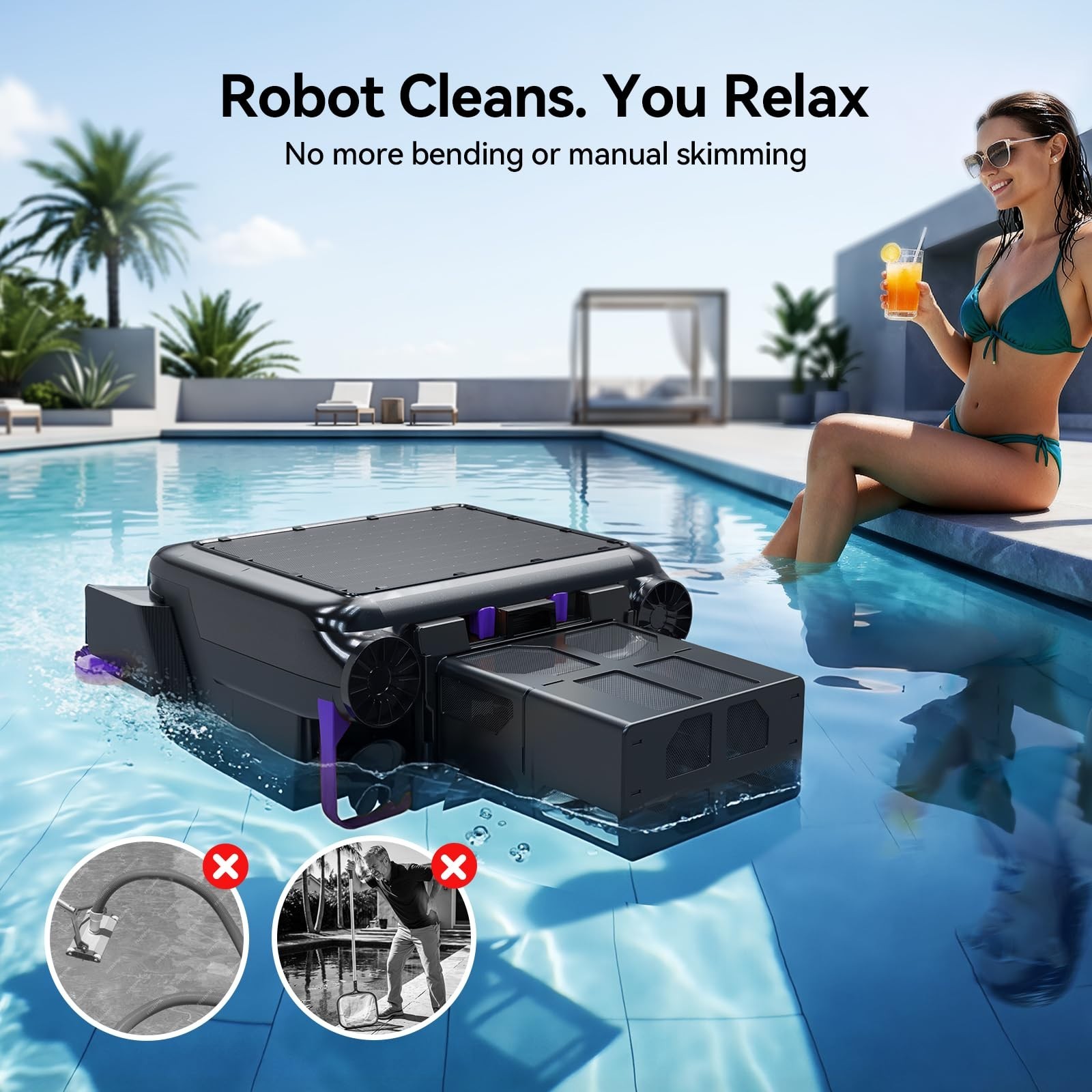 Solar-Powered Robot Pool Surface Skimmer Cleaner Salt Tol Motors 150-um Filtrate