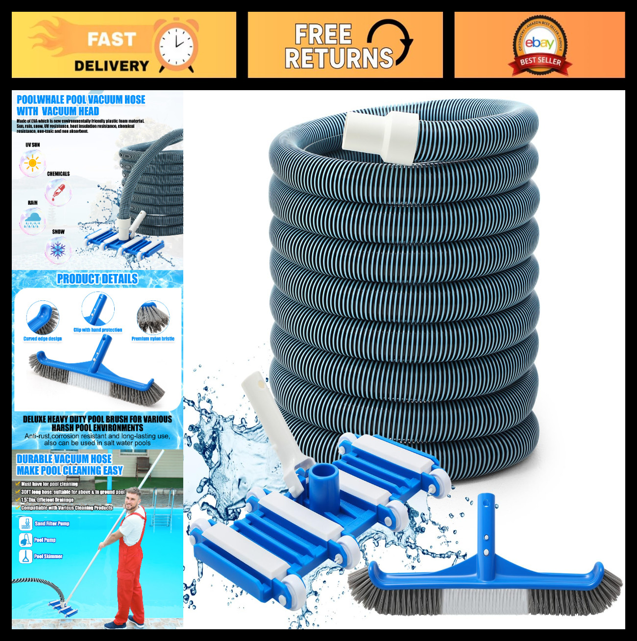 3 Pcs Pool Cleaning Kit – Vacuum Head, 30ft Hose, 14&Prime; Brush for Inground/Above G