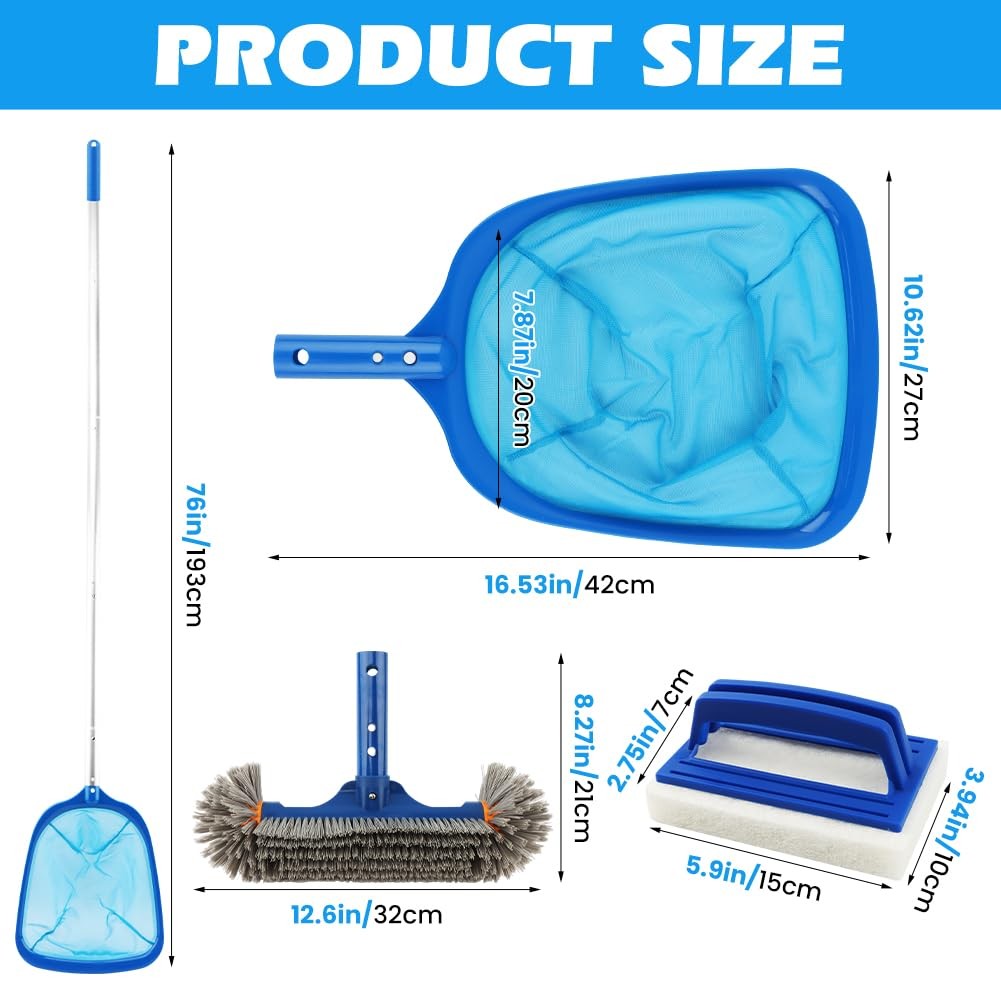 Swimming Pool Cleaning Kit Adjustable Pole, Skimmer Net, Sponge Scrubber