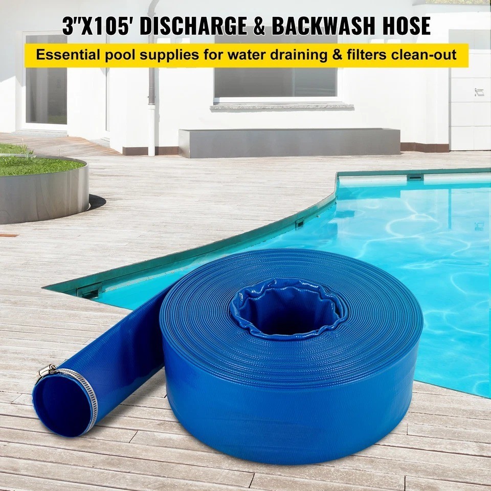 Discharge Hose Lay Flat Hose 3&Prime; x 105&prime; PVC Backwash Drain Hose w/Clamp