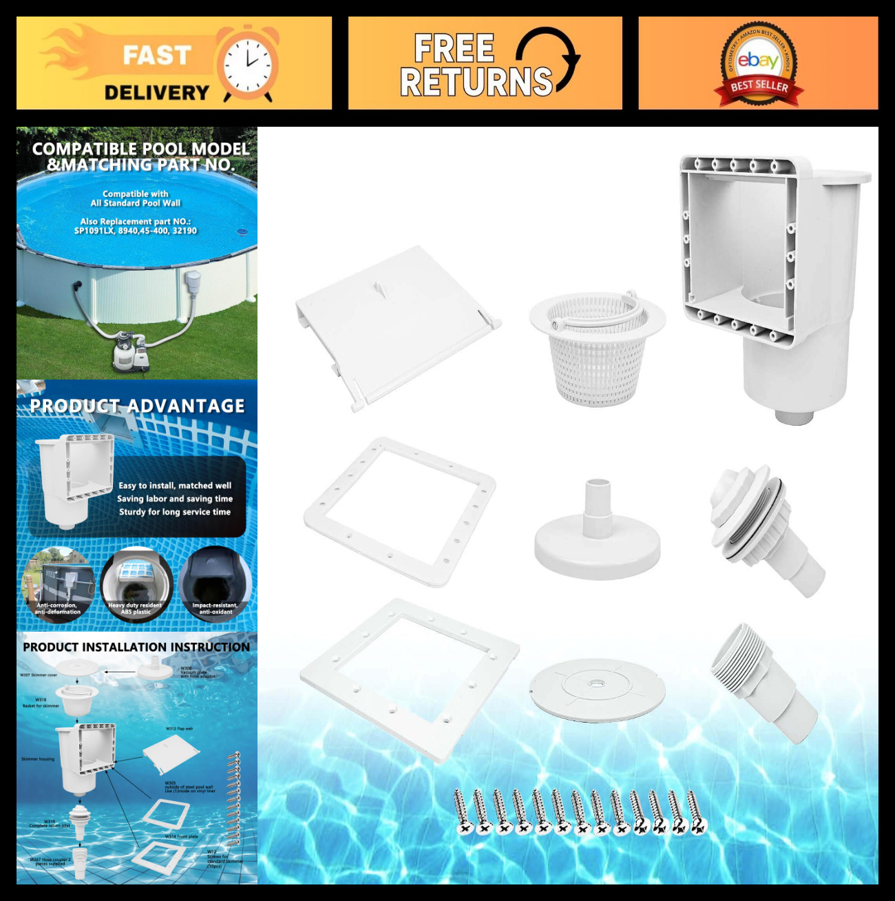 Above Ground Pool Skimmer – Thru-Wall Design, 6&Prime; Opening, Accessory Kit Included