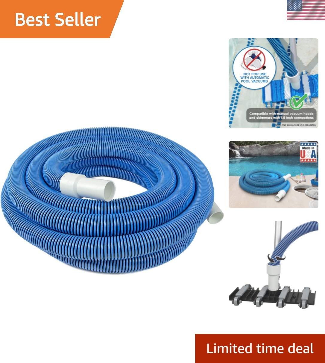 30 Ft x 1-1/2” Manual Pool Vacuum Hose – Flexible, Kink-Free & Made in the USA
