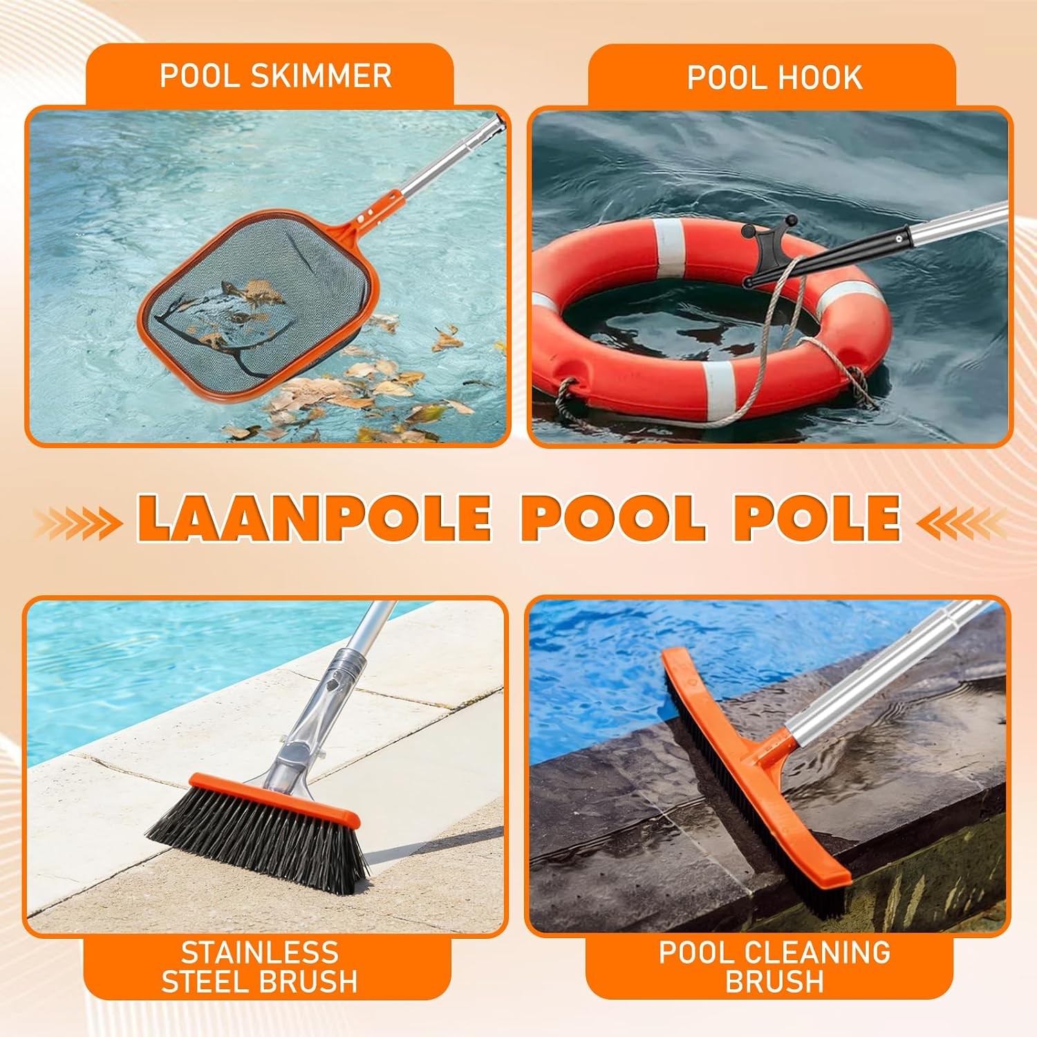 LAANPOLE Telescopic Pool Pole, 16ft Heavy Duty Swimming Pool Pole, Adjustable