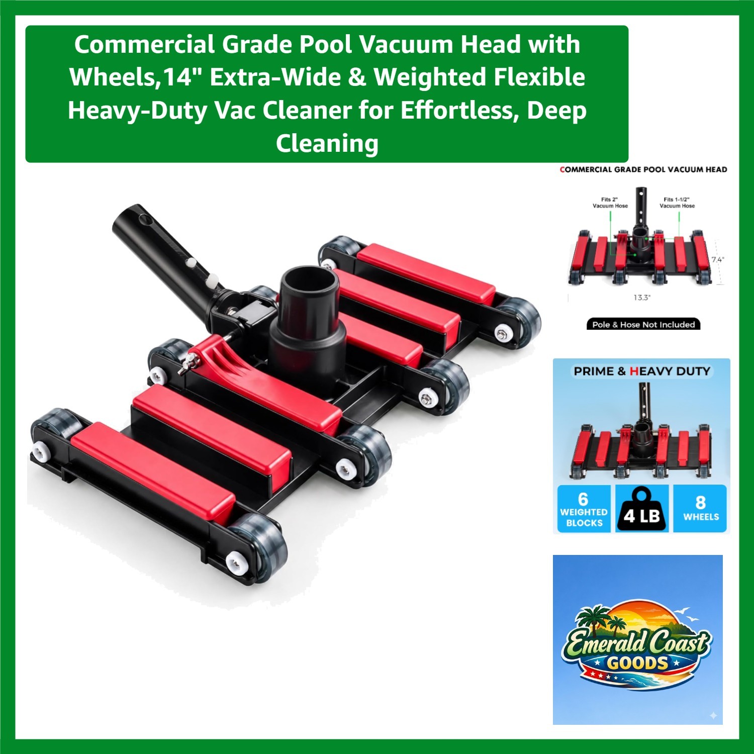 14-Inch Commercial Pool Vacuum Head with Wheels – Heavy-Duty Cleaning Power