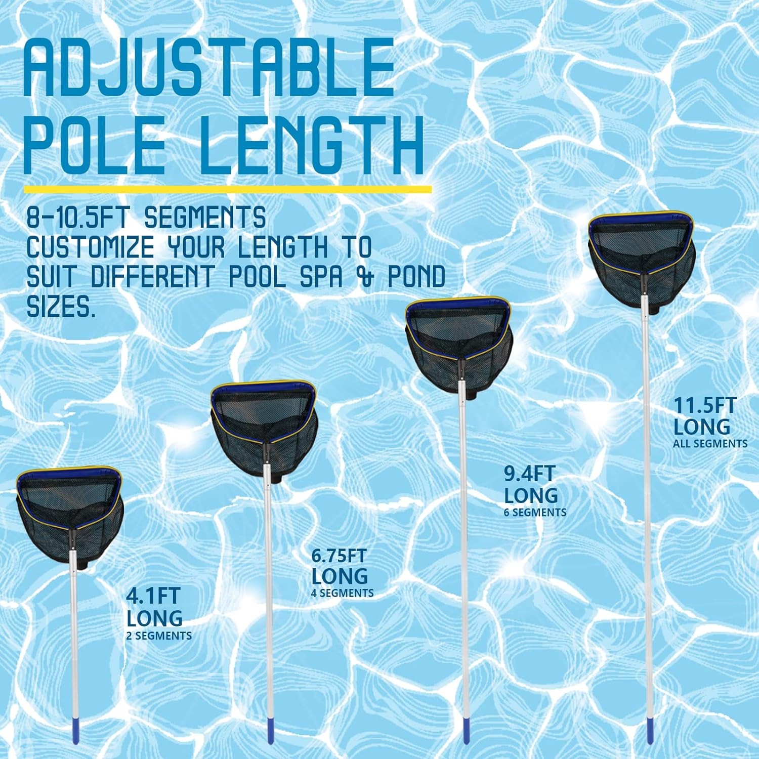 Pool Deep Skimmer Net With 3Ft 10Ft 1.0Mm Thick Adjustable Aluminum Pole & Fine