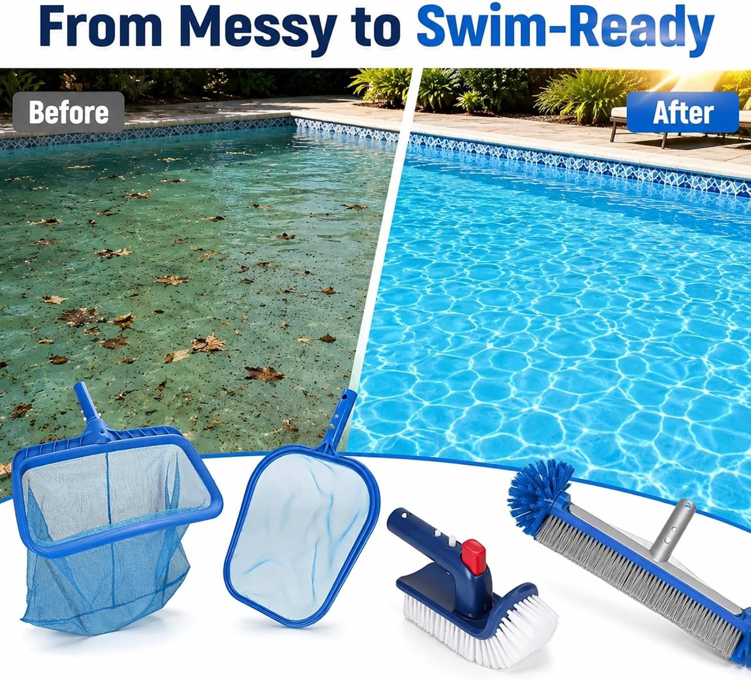 4-Piece Professional Pool Cleaning Kit: Heavy-Duty Skimmer & Brushes Included