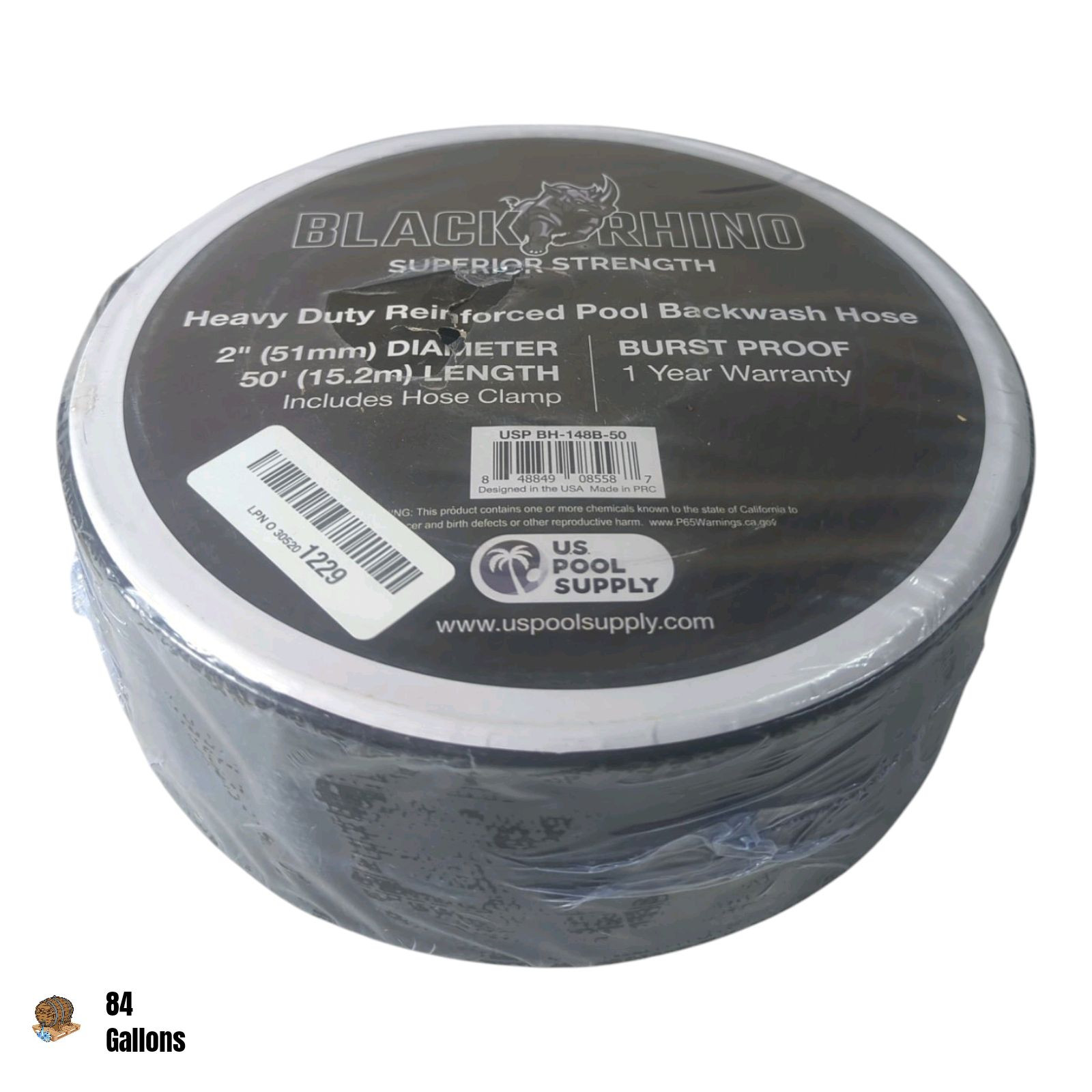 U.S. Pool Supply Black Rhino 2&Prime; x 50&prime; Pool Backwash Hose with Hose Clamp