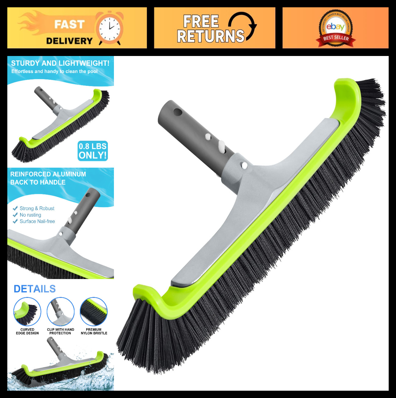 Heavy Duty Pool Brush Head for Inground/Above Ground Cleaning – Curved Ends, Str
