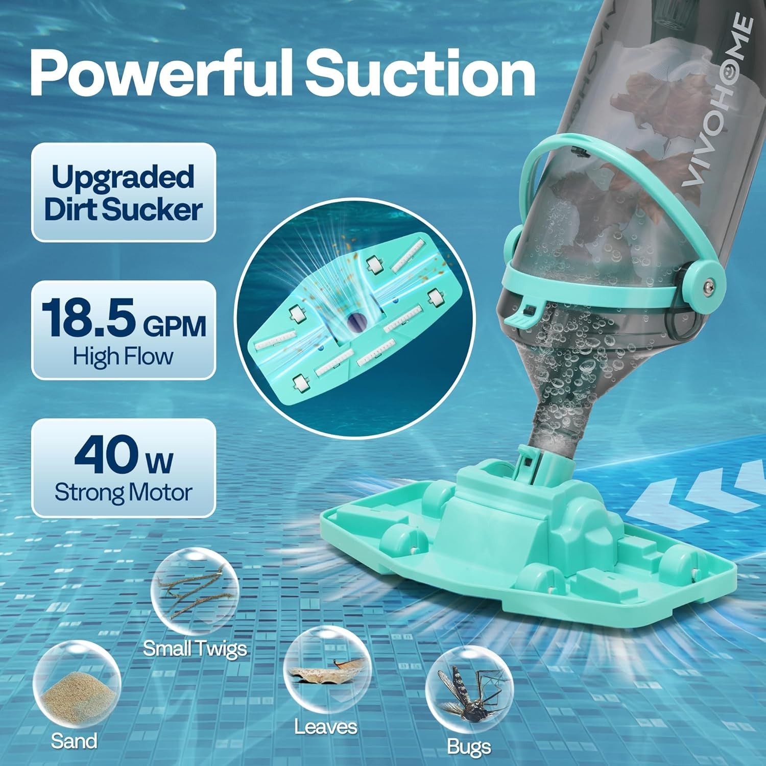 Rechargeable 18.5 GPM Cordless Pool Cleaner with Fast Charging, Handheld Design