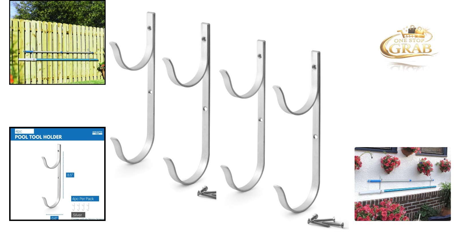 Pool Pole Hanger Set 4pc Aluminum Wall Mount Organizer for Pool & Garden