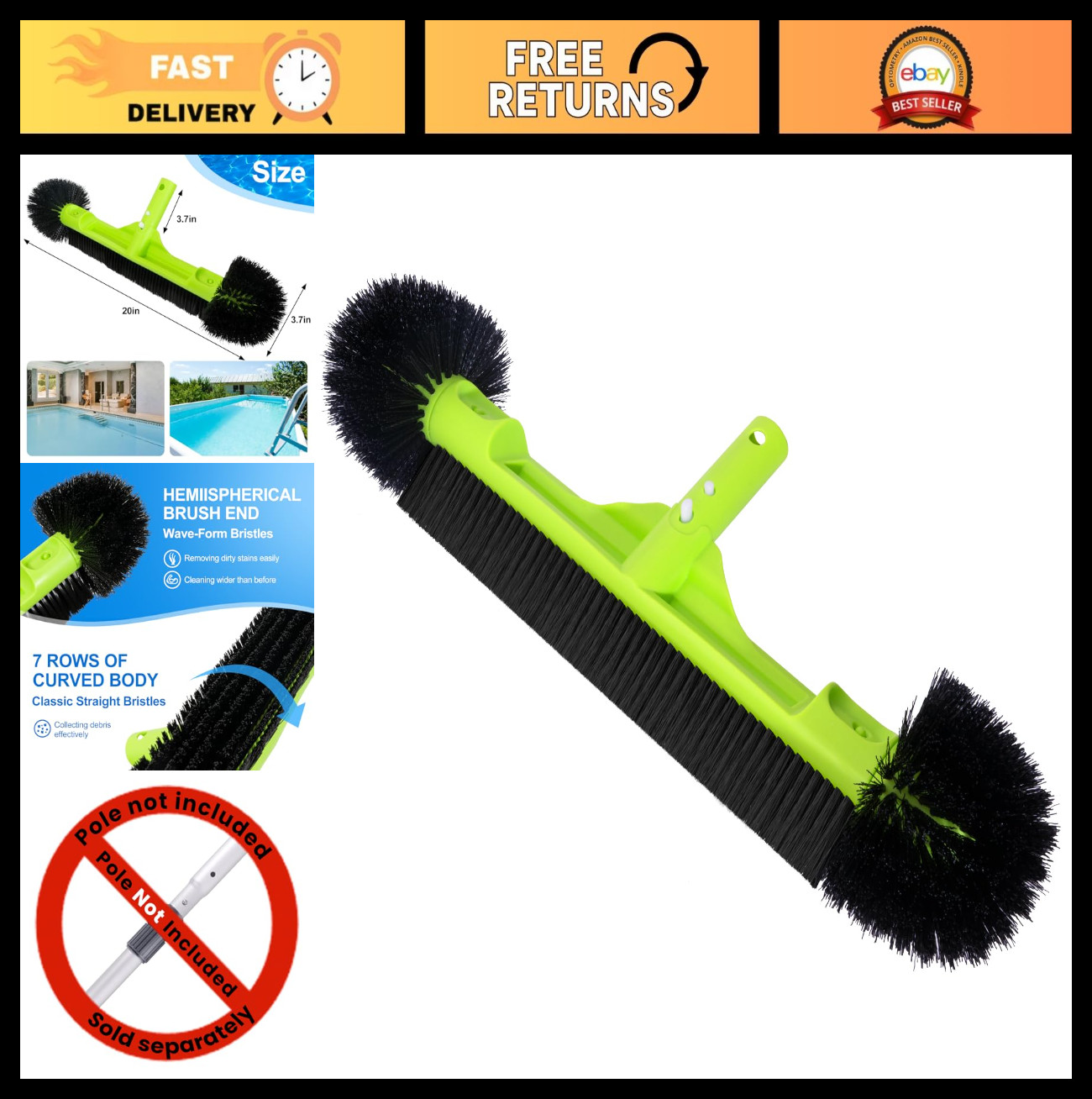 20&Prime; Wide Pool Brush Head for Inground/Above Ground Cleaning – Wall Scrubber Tool