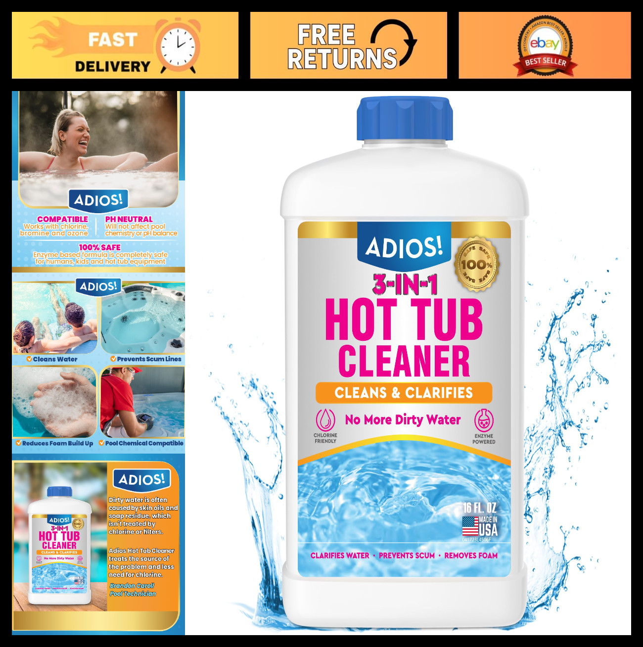 3-in-1 Spa Cleaner – Clarifies Water, Eliminates Scum & Foam, 16oz Chlorine/Brom