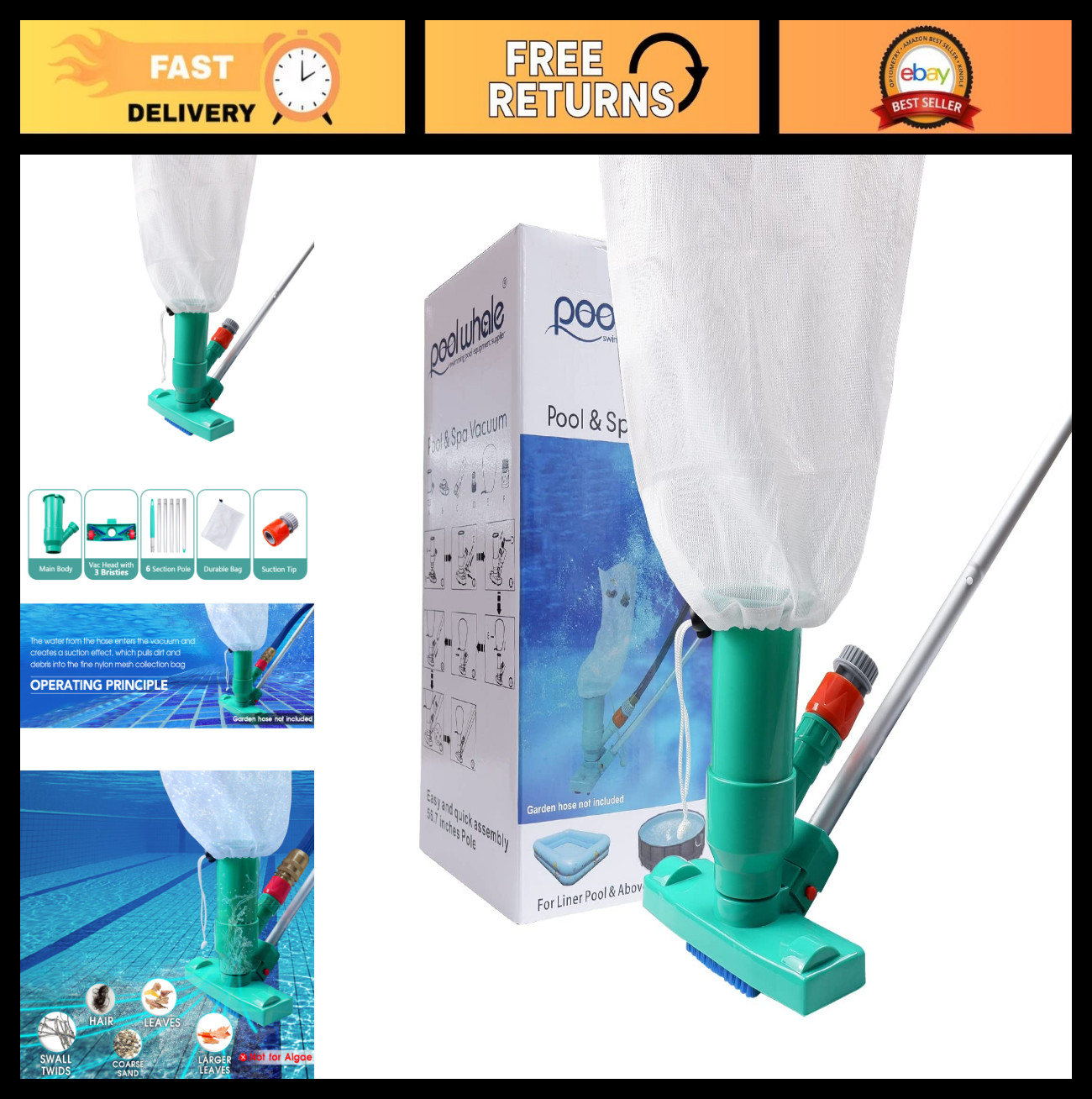 Portable Pool Vacuum Cleaner with Brush & Bag – 56.5&Prime; Adjustable Pole for Pools,