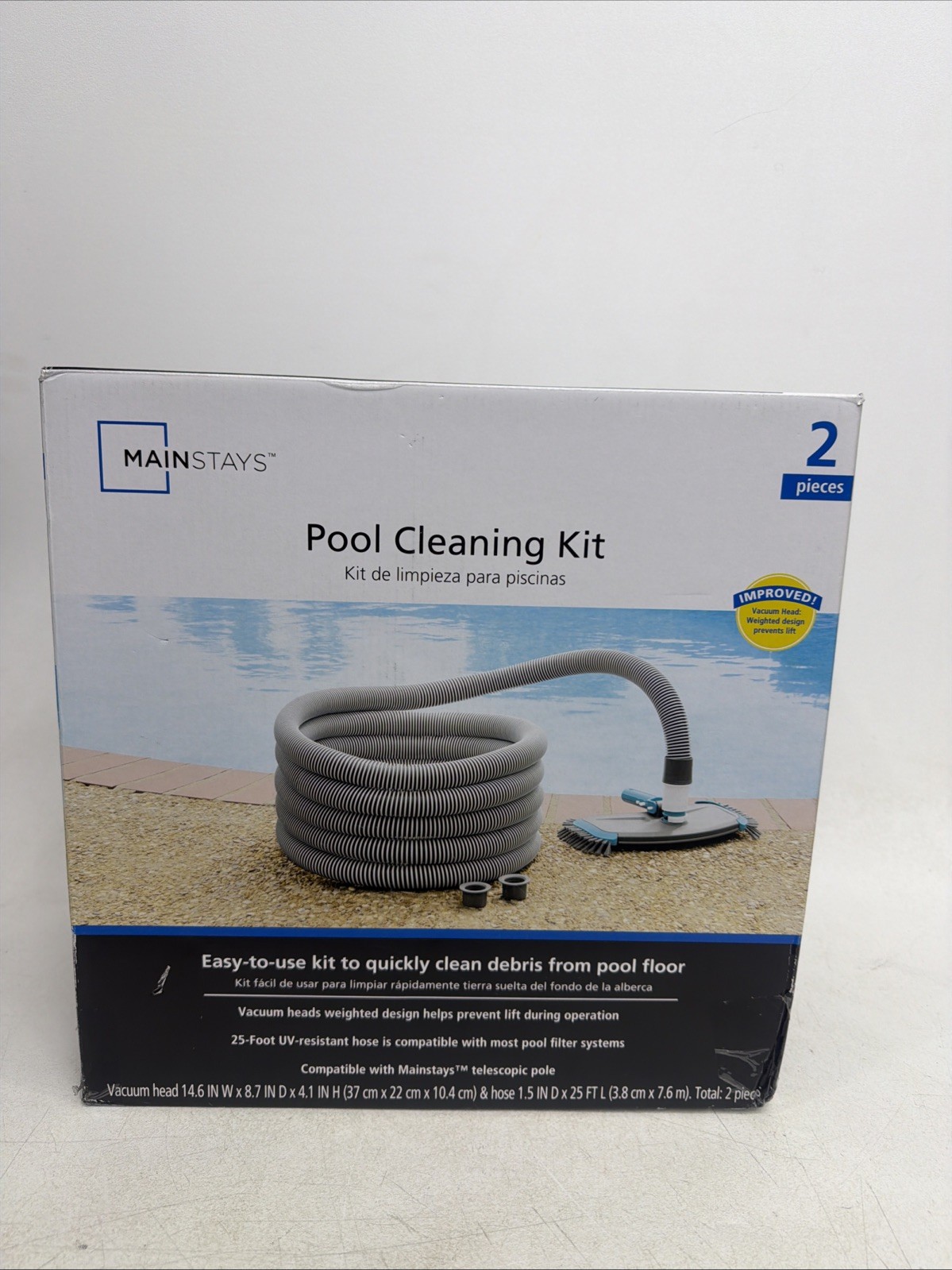 Mainstays Pool Vacuum Kit 2-Piece 25ft UV-Resistant Hose+Swivel Head 1.25&Prime;/1.5&Prime;