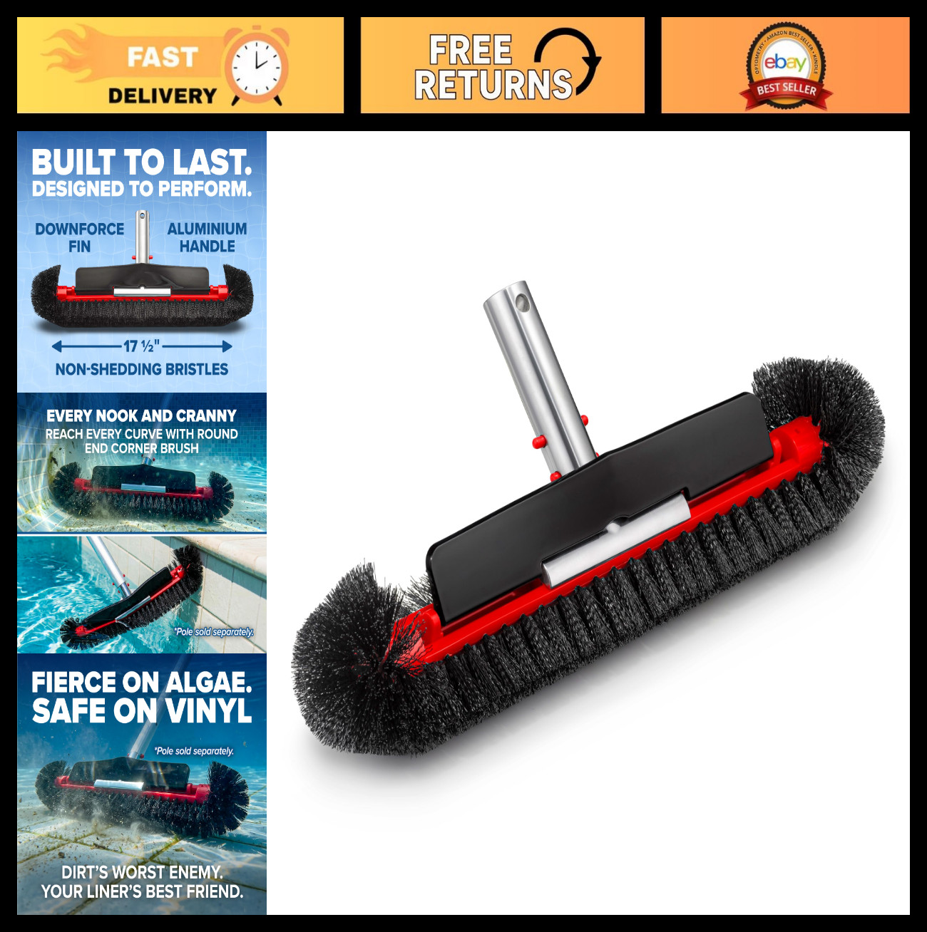 Heavy Duty Pool Brush Head for Inground & Above Ground Pools – Algae Scrubber, R