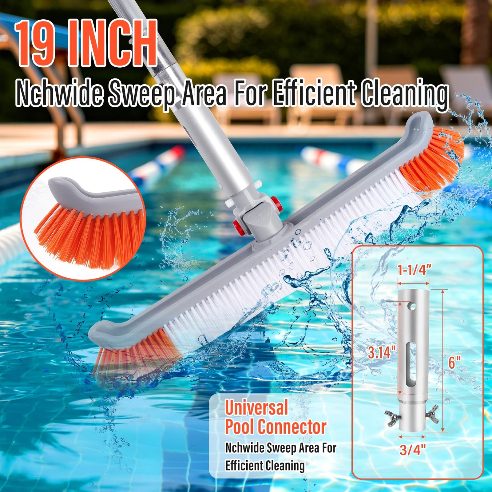 16FT Telescoping Pool Pole with 19&Prime; Brush for Inground & Above Ground Cleaning
