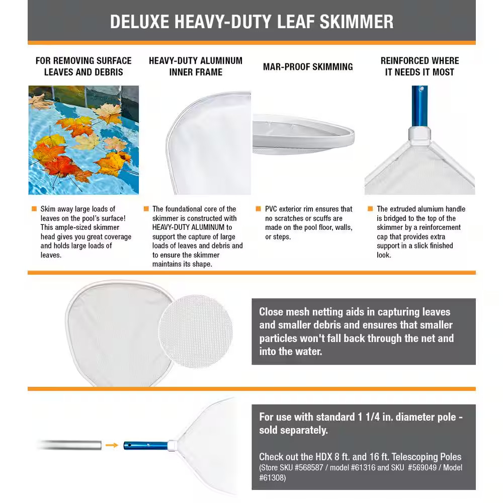 Heavy-Duty Aluminum Leaf Skimmer for Swimming Pools and Spas